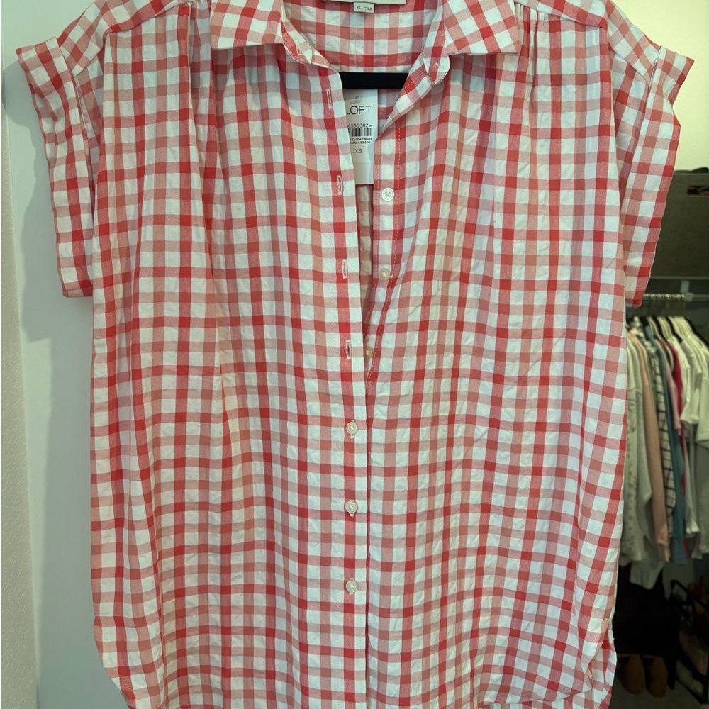 LOFT Red and White Gingham Button Down Shirt